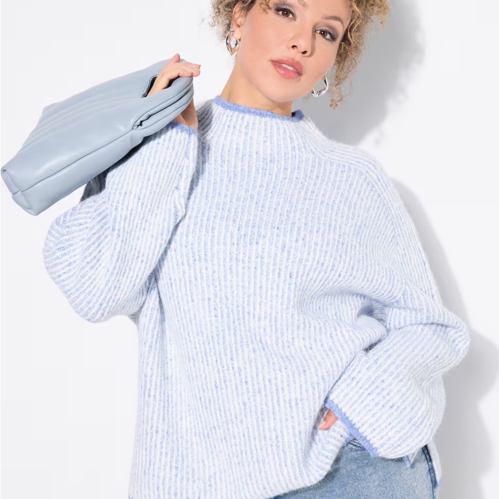 Ulla Popken Light Blue and White Striped Mockneck Sweater